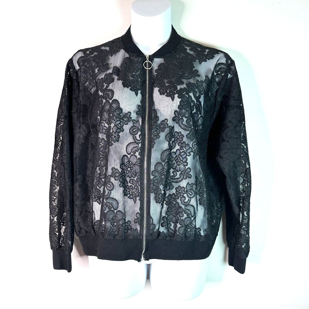 Black Lace Bomber Jacket - Lightweight Sheer Zip-Up